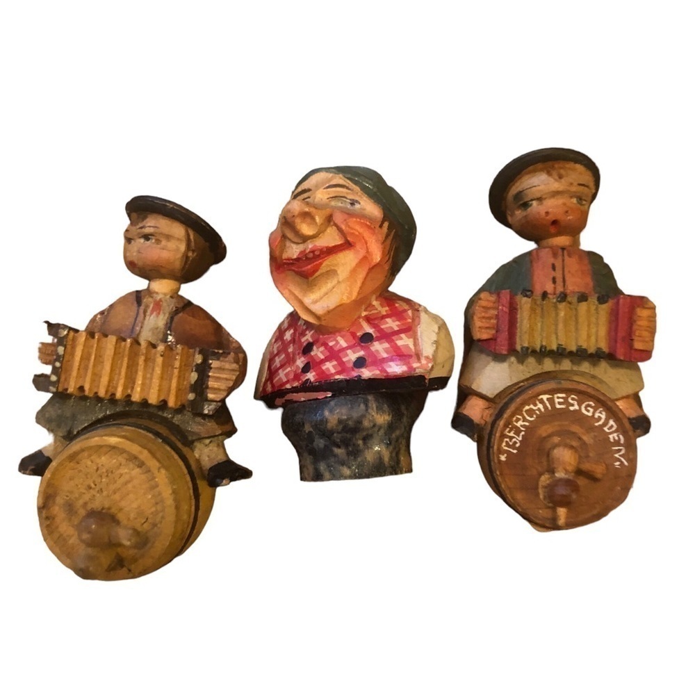 VTG Hard~Carved Set of 3 German Wine Cork Toppers Wood 3” Wine Tasting Colorful